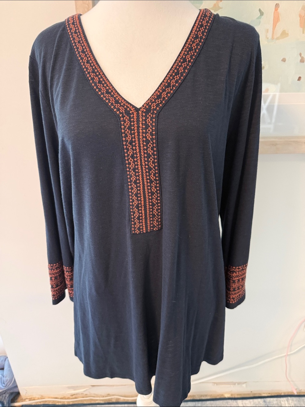 J. Jill Navy Tunic with Brown Embroidered Trim Size Large